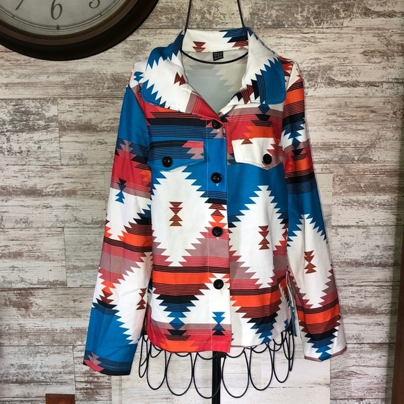 Geo Print Single Breasted Jacket shein Aztec flannel XS western coat​ country​​ - Picture 3 of 11